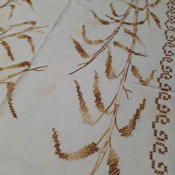Vintage Wheat Crosstitch Tablecloth Linen Brown Fall 68 x 40 - Picture 5 of 8